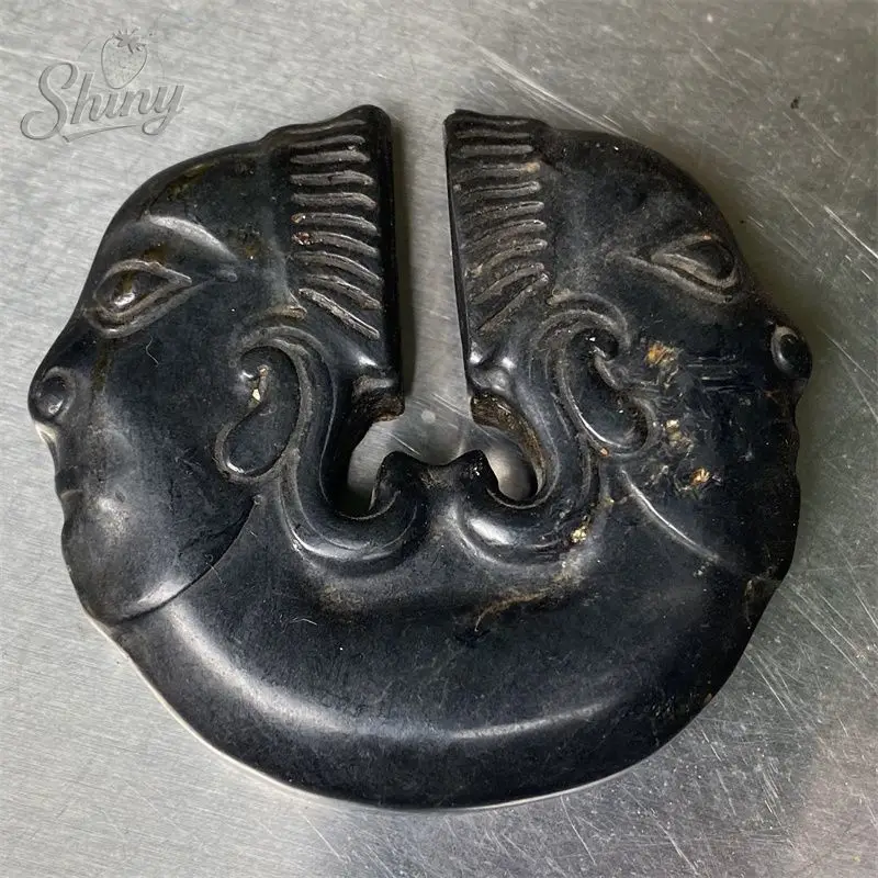 Ancient jade Hongshan culture jade black leather magnet meteorite hand-carved statue of double woman pendant 
Ancient jade Hongshan culture jade black leather magnet meteorite hand-carved statue of double woman pendant
