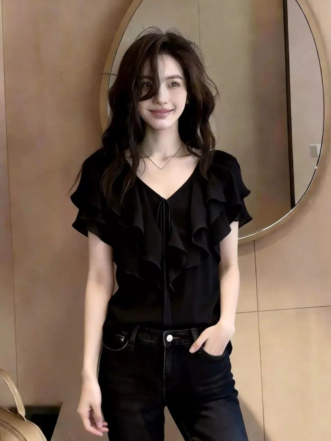 Fashionable V-Neck Short Sleeve Commute Top with Lace Trim Straight Cut Korean Style Silk Blouse for Young Women in Summer
Fashionable V-Neck Short Sleeve Commute Top with Lace Trim Straight Cut Korean Style Silk Blouse for Young Women in Summer