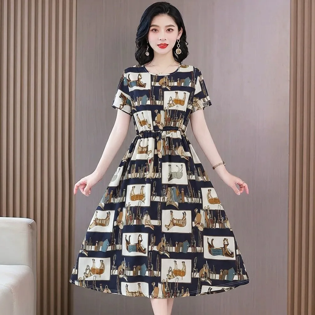 Elegant Floral Print Midi Dress Women's Short Sleeve Waist Cinched Casual Polyester Fiber Large Size Skirts for Mothers
Elegant Floral Print Midi Dress Women's Short Sleeve Waist Cinched Casual Polyester Fiber Large Size Skirts for Mothers