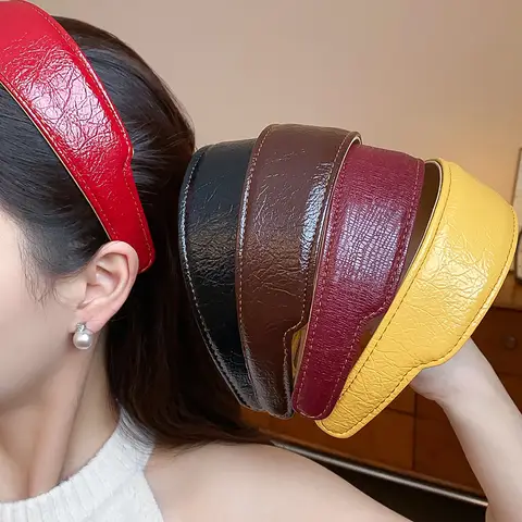 6 Colors Vintage Wide Leather Headbands for Women PU Pressed Hairband Trendy Charms Daily  Hair Accessories Gift Autumn Winter M