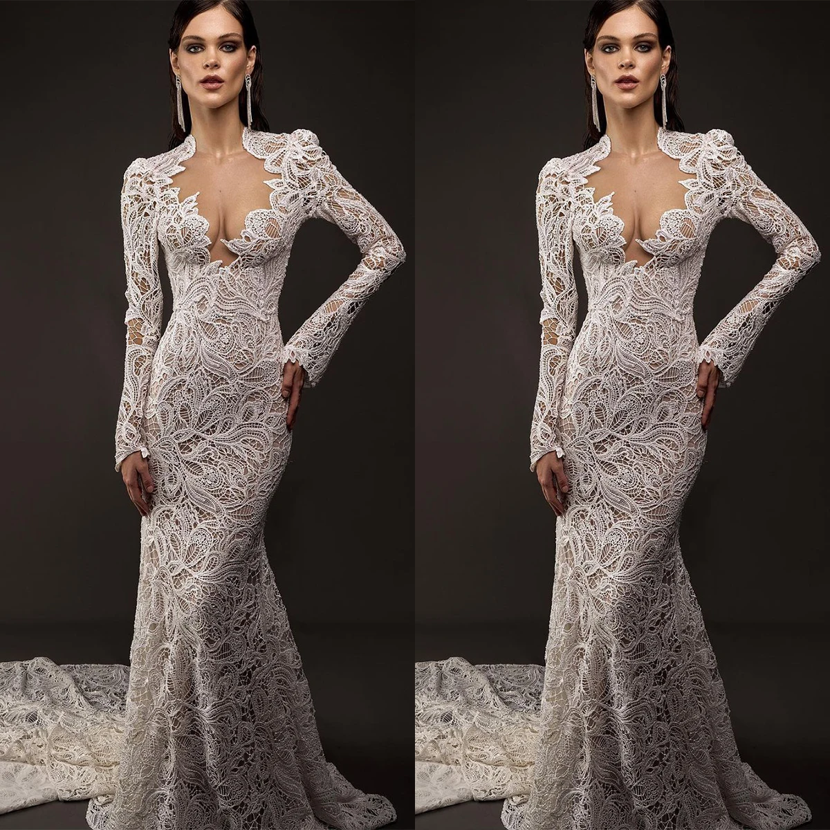 Modern Mermaid Wedding Dresses Lace Long Sleeves Illusion V Neck Bridal Gown Custom Made Vestidos De Noiva
Modern Mermaid Wedding Dresses Lace Long Sleeves Illusion V Neck Bridal Gown Custom Made Vestidos De Noiva