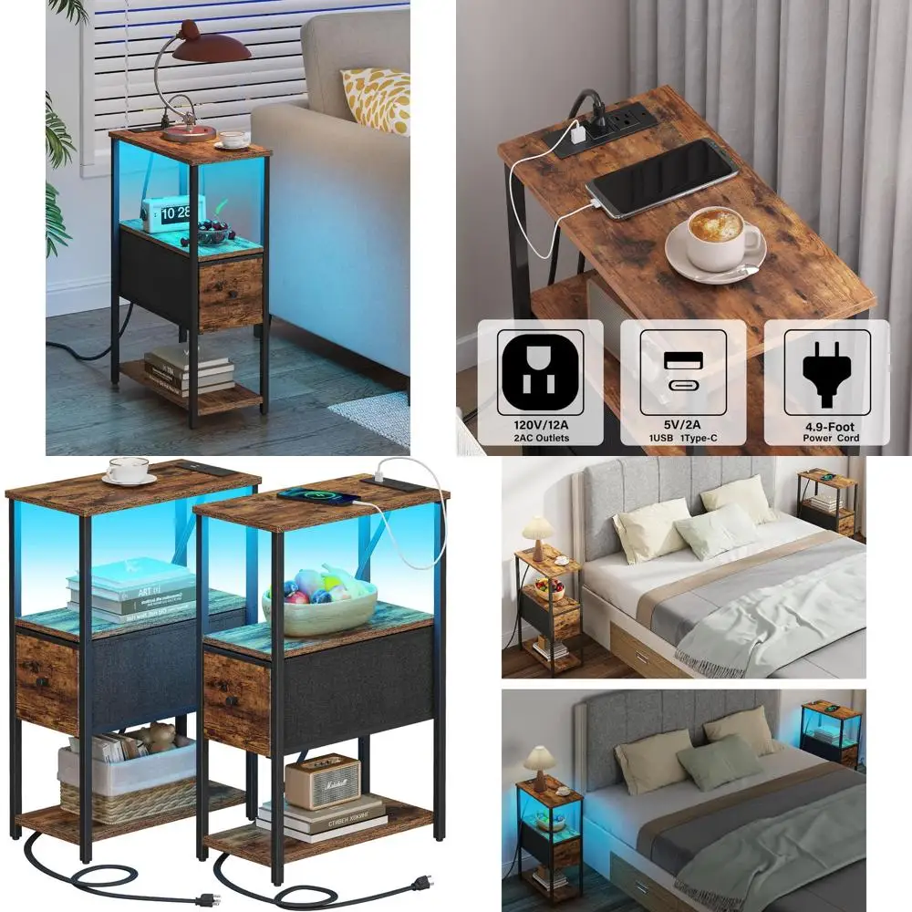 Комплект из 2 коричневых прикроватных столиков с LED-подсветкой, розетками и тканевыми ящиками, идеально подходят для гостиной, спальни и прикроватной зоны.
Комплект из 2 коричневых прикроватных столиков с LED-подсветкой, розетками и тканевыми ящиками, идеально подходят для гостиной, спальни и прикроватной зоны.