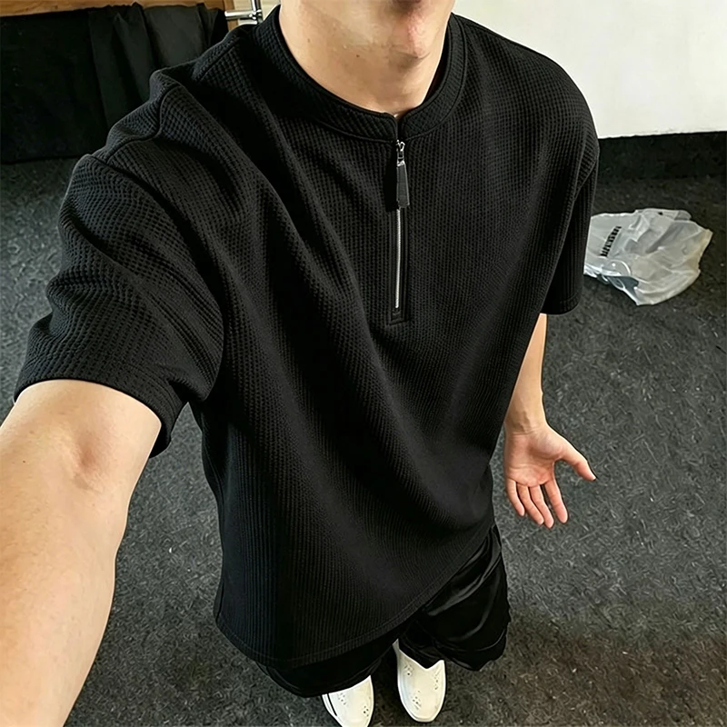 Men Half Zip Waffle Texture Tee 2026 Summer American Streetwear Minimal Design Casual Solid Short Sleeve Male Top Navy Black
Men Half Zip Waffle Texture Tee 2026 Summer American Streetwear Minimal Design Casual Solid Short Sleeve Male Top Navy Black
