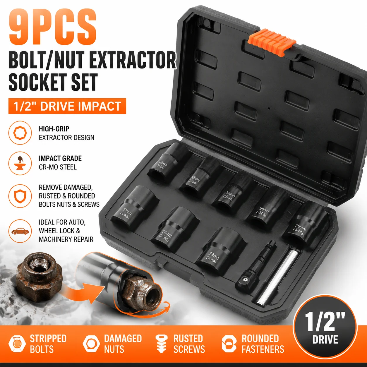 9PCS Impact Socket Bolt Nut Extractor Set, 1/2" Drive Lug Nut Remover Tool Kit, Wheel Lock Extractor for Damaged Rusted Stripped
9PCS Impact Socket Bolt Nut Extractor Set, 1/2" Drive Lug Nut Remover Tool Kit, Wheel Lock Extractor for Damaged Rusted Stripped