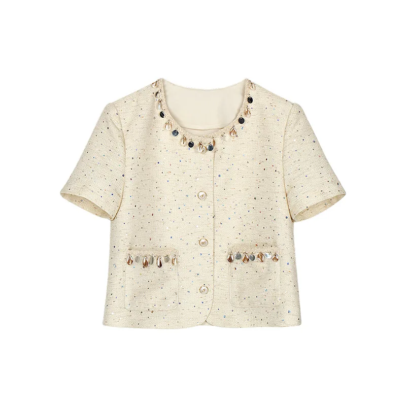 Round Neck Ribbon Decorated Small Fragrance Short Sleeve Jacket Women Fashion Sequins High Quality Sweet Luxury Shiny Top
Round Neck Ribbon Decorated Small Fragrance Short Sleeve Jacket Women Fashion Sequins High Quality Sweet Luxury Shiny Top