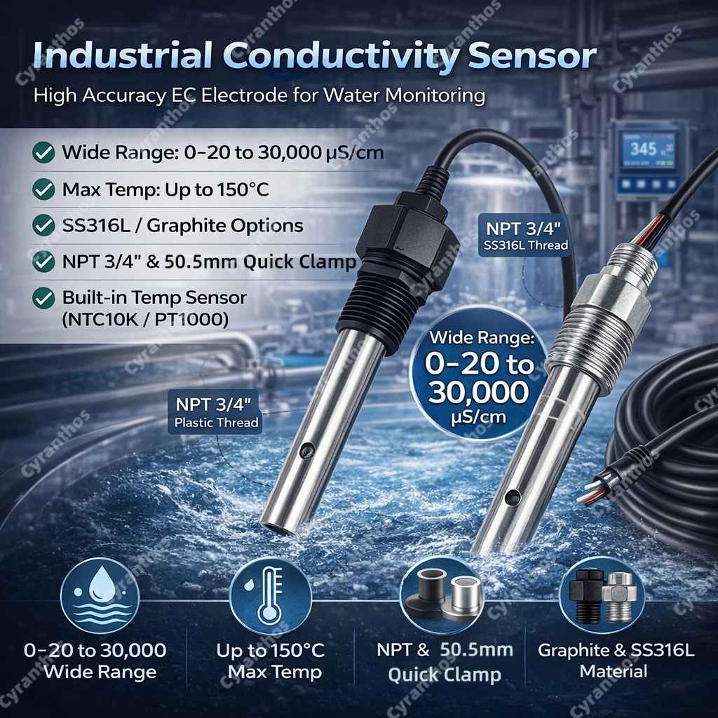 Industrial Conductivity Sensor EC Electrode 0–20 to 500mS/cm SS316L Graphite PES NPT3/4 50.5mm Clamp NTC10K PT1000 for RO System
Industrial Conductivity Sensor EC Electrode 0–20 to 500mS/cm SS316L Graphite PES NPT3/4 50.5mm Clamp NTC10K PT1000 for RO System