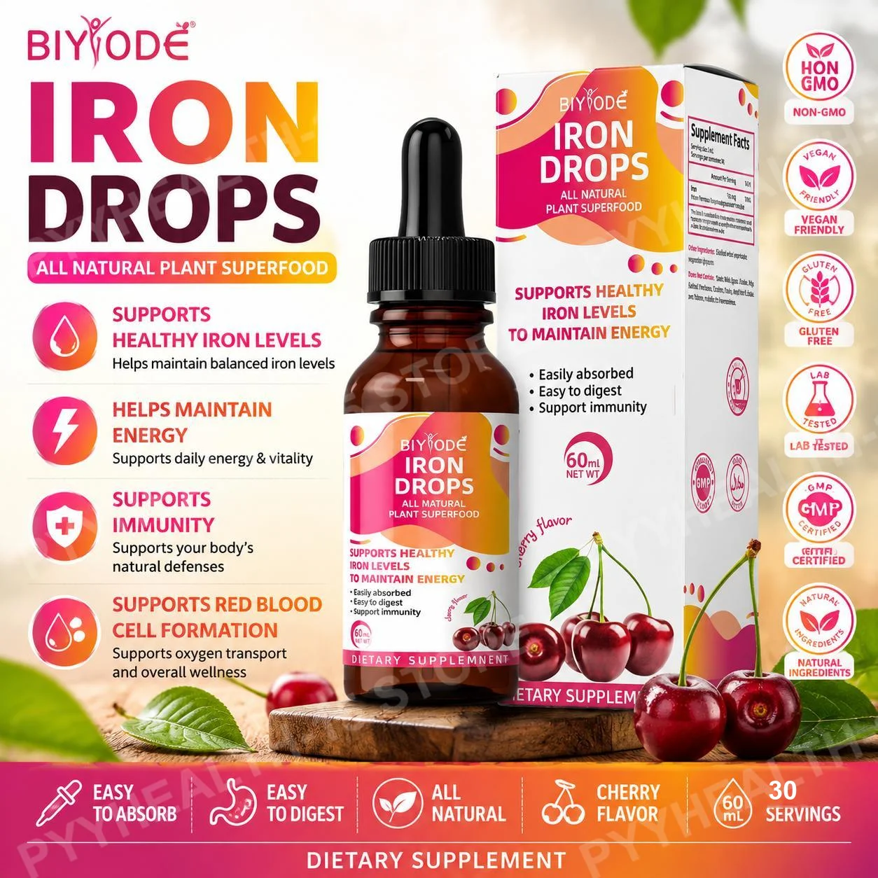 Biyode Iron Drops Supports Healthy Iron Levels, Helps Maintain Energy, Easy To Absorb And Digest, Cherry Flavor, Soy Free 60 mL
Biyode Iron Drops Supports Healthy Iron Levels, Helps Maintain Energy, Easy To Absorb And Digest, Cherry Flavor, Soy Free 60 mL