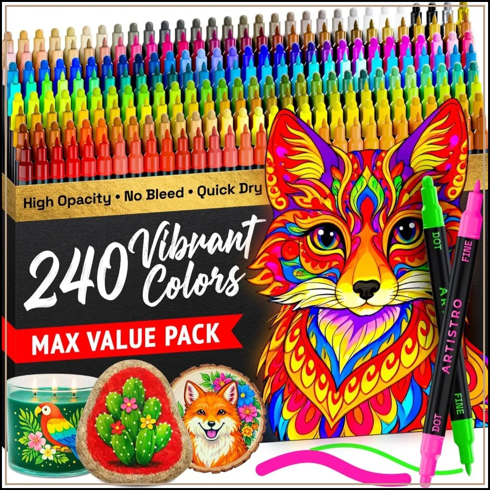 240 Precision Dual-Tip Acrylic Paint Markers – Fine & Dot Tips for Fabric, Rock, Glass, Wood, Coloring Books – Arts & Crafts Gift, Classroom Supplies
240 Precision Dual-Tip Acrylic Paint Markers – Fine & Dot Tips for Fabric, Rock, Glass, Wood, Coloring Books – Arts & Crafts Gift, Classroom Supplies