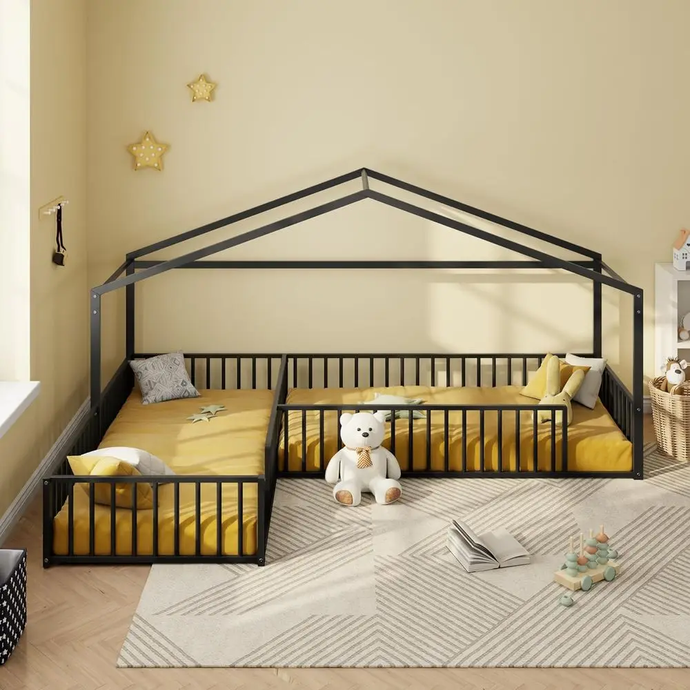 Montessori L-Shaped Twin Floor Bed with Roof and Fence for 2 Kids, Easy Assembly, Black Metal Frame
Montessori L-Shaped Twin Floor Bed with Roof and Fence for 2 Kids, Easy Assembly, Black Metal Frame