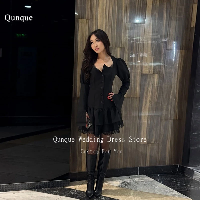 Qunque Fashion Prom Dresses Black Satin Long Sleeves Lace Mini Vestidos De Gala Mujer Above Knee Special Occasion Customized
Qunque Fashion Prom Dresses Black Satin Long Sleeves Lace Mini Vestidos De Gala Mujer Above Knee Special Occasion Customized