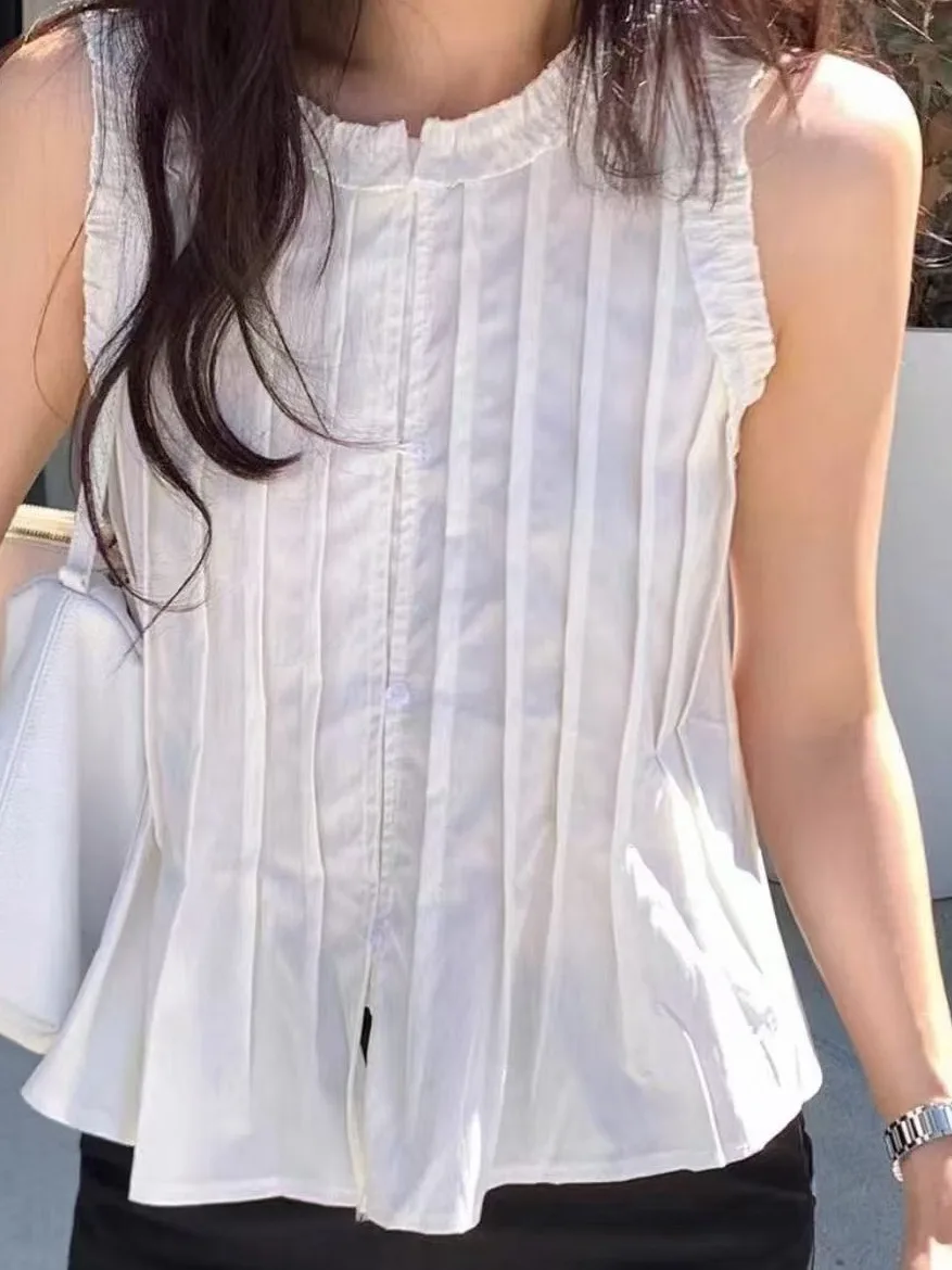 Chic Retro White Ruffle Sleeveless round Neck Short Shirt Women's Korean Style Fashion Top with Waist Cinching Detail
Chic Retro White Ruffle Sleeveless round Neck Short Shirt Women's Korean Style Fashion Top with Waist Cinching Detail