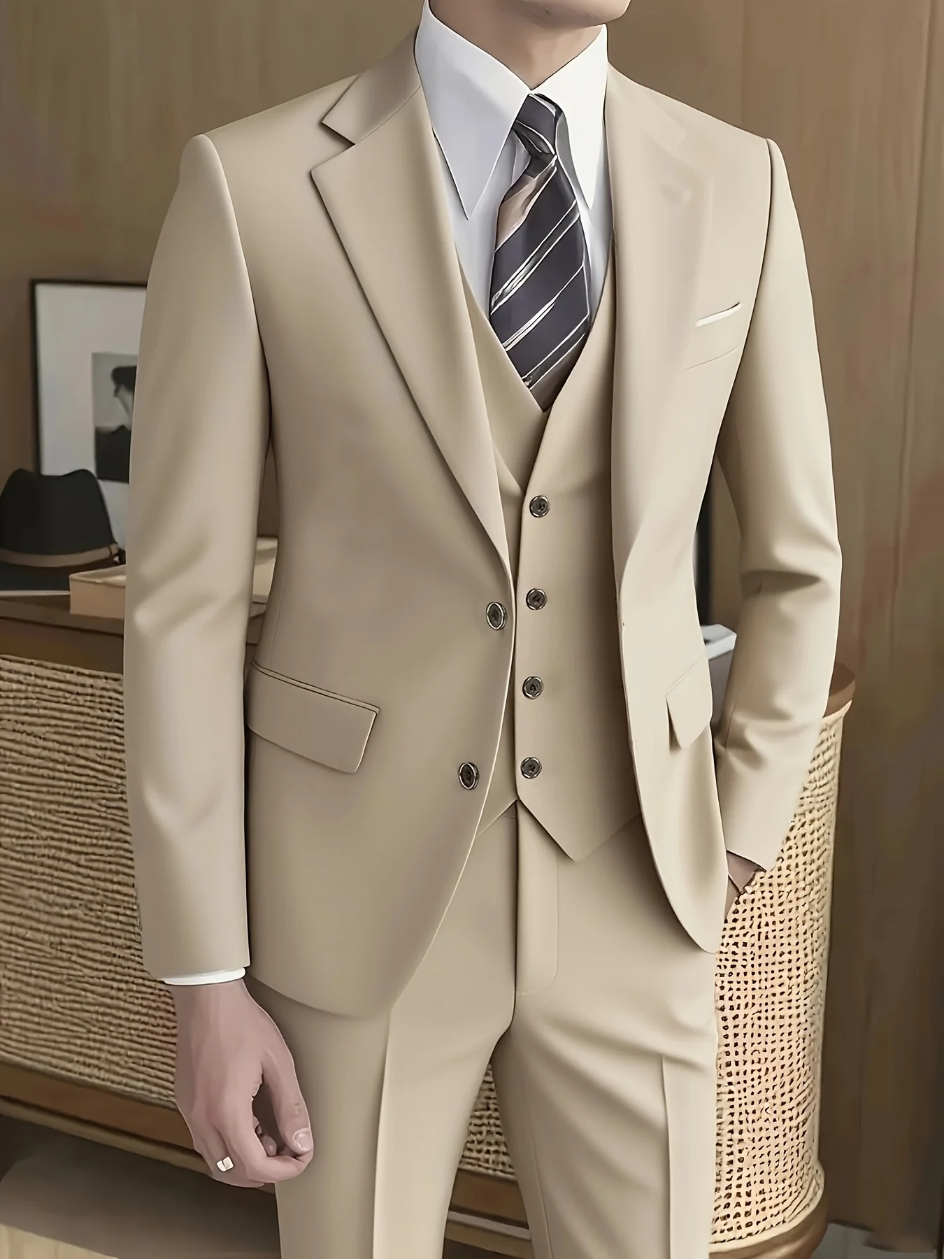 Мужской костюм-тройка, свадебный наряд, костюм с брюками и жилетом, официальная одежда для важных мероприятий.
Мужской костюм-тройка, свадебный наряд, костюм с брюками и жилетом, официальная одежда для важных мероприятий.