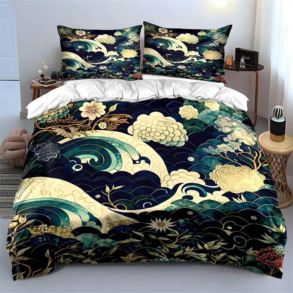 3Pc Japanese Wave Floral Bedding Set,Teal and White Ocean Waves with Peonies Print Duvet Cover+2 Pillowcases,Traditional Decor
3Pc Japanese Wave Floral Bedding Set,Teal and White Ocean Waves with Peonies Print Duvet Cover+2 Pillowcases,Traditional Decor