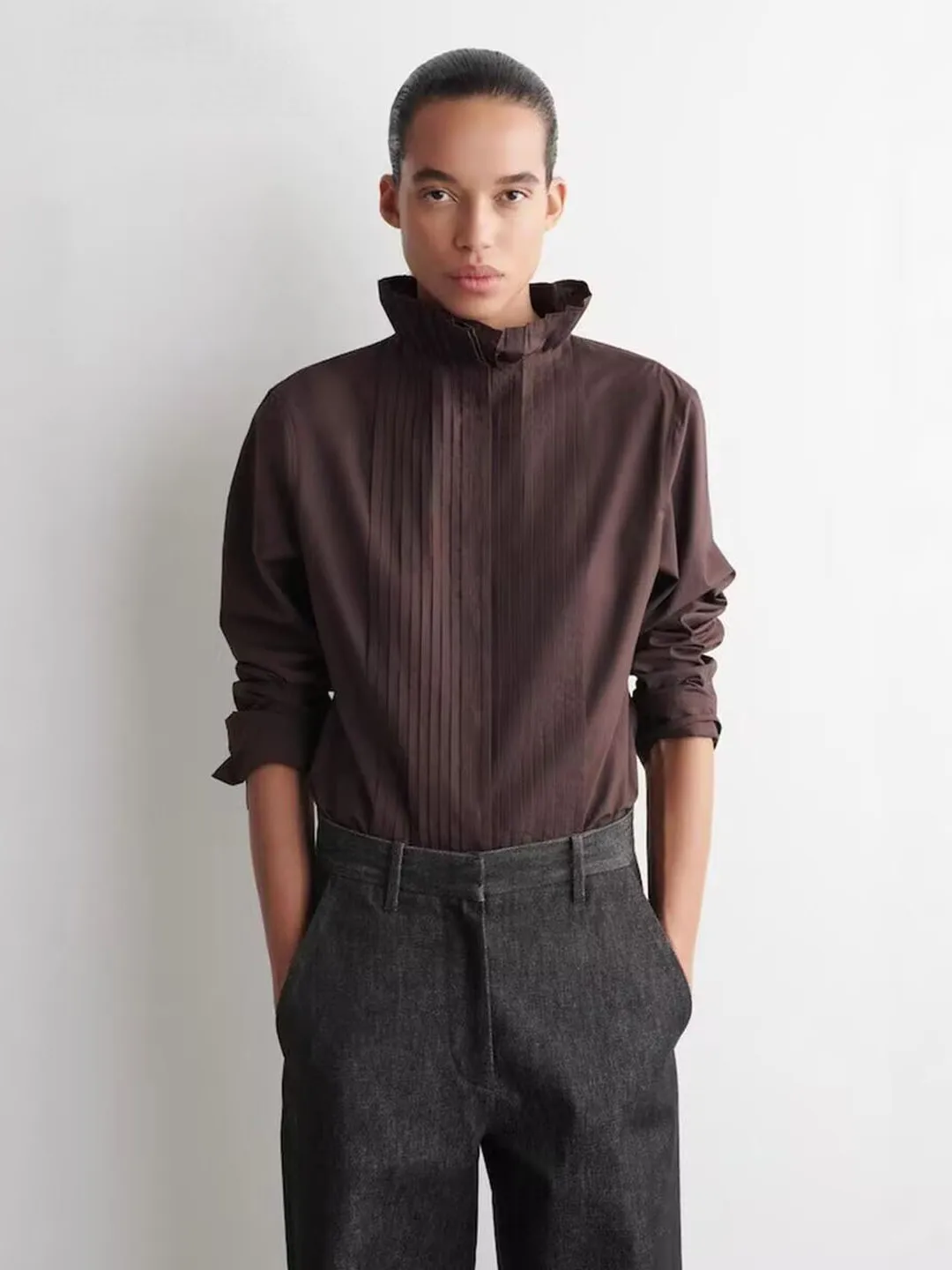 Casual Cotton Long Sleeve Women's Shirt Pleated Design Stand Collar Commute Brown Simple Elegant Spring Summer New Arrival
Casual Cotton Long Sleeve Women's Shirt Pleated Design Stand Collar Commute Brown Simple Elegant Spring Summer New Arrival