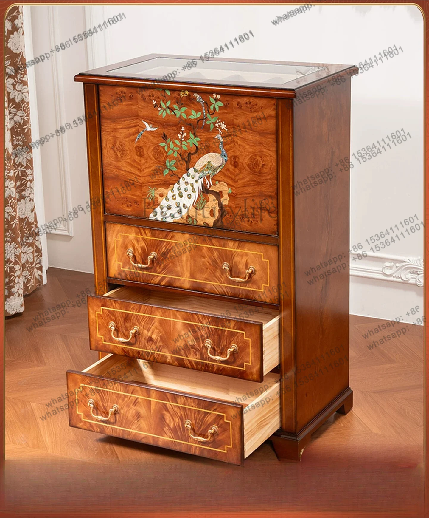 Solid wood jewelry storage cabinet, large-capacity storage, hand-carved with lock cabinet door, light luxury
Solid wood jewelry storage cabinet, large-capacity storage, hand-carved with lock cabinet door, light luxury