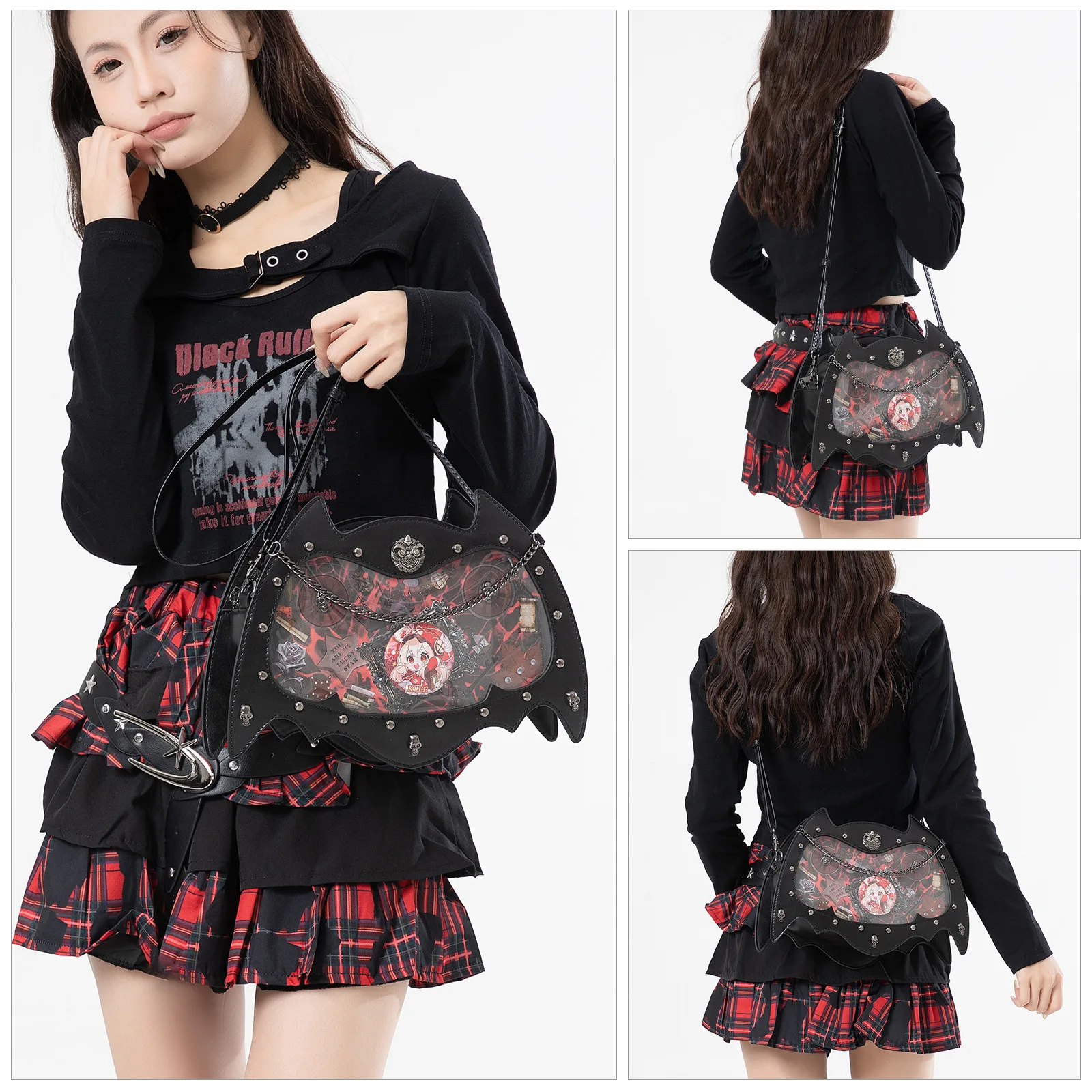 Готическая сумка Y2K в стиле Dark Wind, большая вместительная черная сумка через плечо в форме летучей мыши с прозрачным окном для хранения значков, аниме-сумка-мессенджер
Готическая сумка Y2K в стиле Dark Wind, большая вместительная черная сумка через плечо в форме летучей мыши с прозрачным окном для хранения значков, аниме-сумка-мессенджер