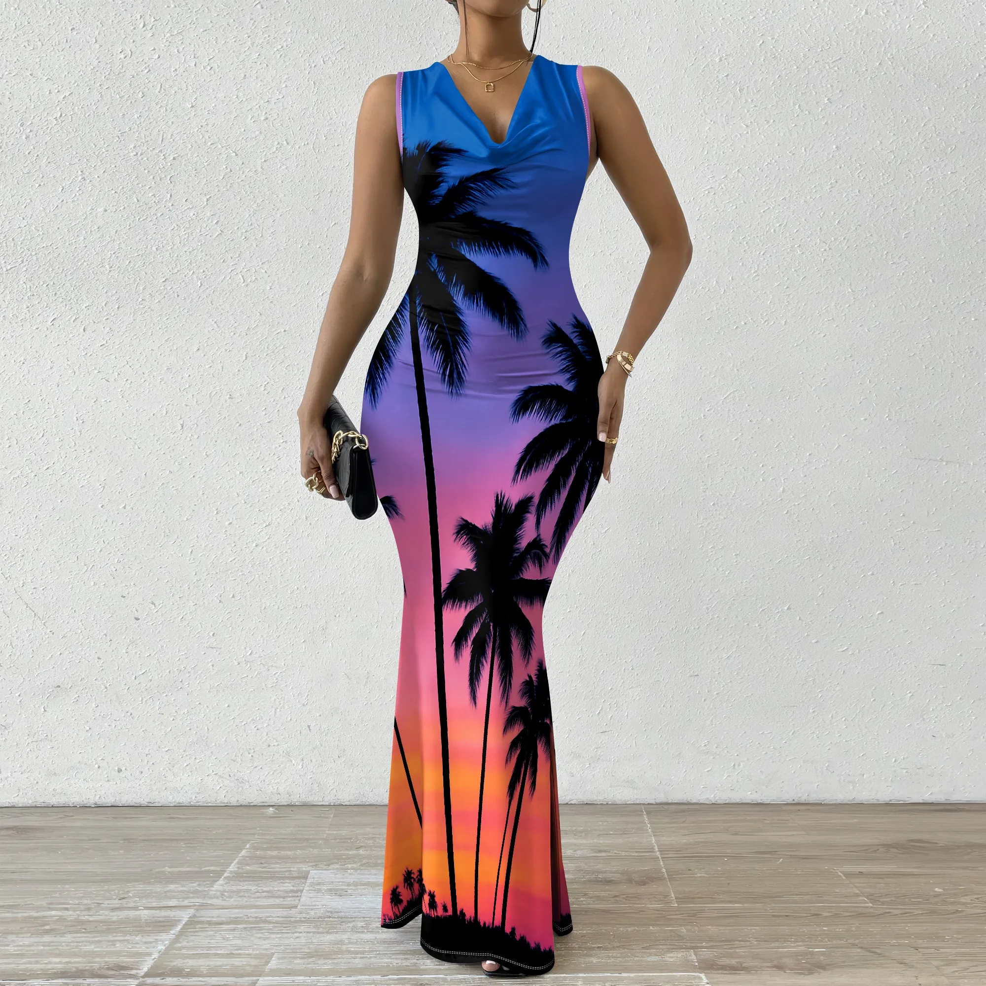 Tropical Sunset Palm Tree Print Dress XS-2XL – Sleeveless Bodycon Maxi Gown for Women Beach Vacation or Summer Cruise Look
Tropical Sunset Palm Tree Print Dress XS-2XL – Sleeveless Bodycon Maxi Gown for Women Beach Vacation or Summer Cruise Look