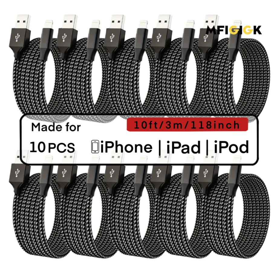 MFIGlGK 10 шт. плетеный USB-кабель Lightning-USB длиной 10 футов для iPhone 14/13/12/11/ XS/ XR/8/7/6/5 шнур для быстрой зарядки
MFIGlGK 10 шт. плетеный USB-кабель Lightning-USB длиной 10 футов для iPhone 14/13/12/11/ XS/ XR/8/7/6/5 шнур для быстрой зарядки
