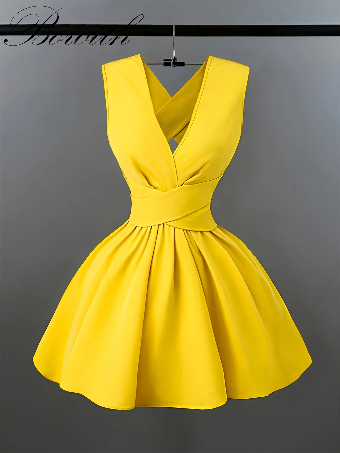 Женская юбка без рукавов с V-образным вырезом и запахом на бедрах - однотонное ярко-желтое платье трапециевидной формы с дизайном с бретелями на спине, машина
Женская юбка без рукавов с V-образным вырезом и запахом на бедрах - однотонное ярко-желтое платье трапециевидной формы с дизайном с бретелями на спине, машина