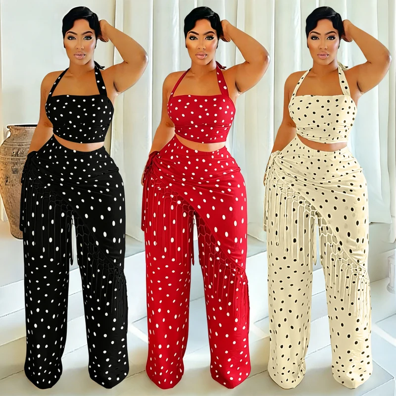 New Fashion Summer Women Two Piece Set Dot Printed Halter Crop Top And Tassel Pants Set
New Fashion Summer Women Two Piece Set Dot Printed Halter Crop Top And Tassel Pants Set