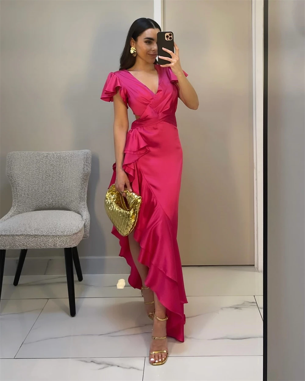 Customized Delicate V-Neck Short Sleeves Ruffles Evening Dresses Graceful Satin Side Slit Pleats Vestido De Festa Robe
Customized Delicate V-Neck Short Sleeves Ruffles Evening Dresses Graceful Satin Side Slit Pleats Vestido De Festa Robe