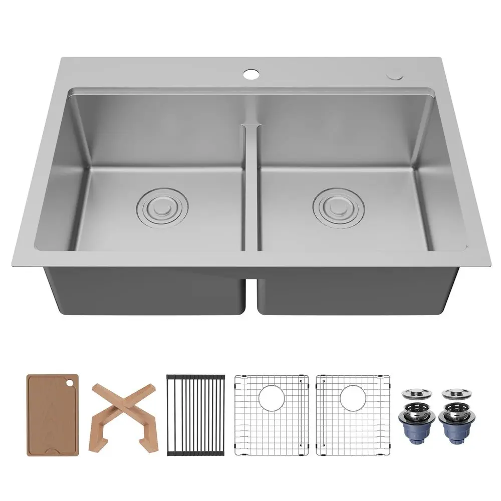 Fusion 33Inch Top Mount Workstation Kitchen Sink, 16 Gauge Stainless Steel, Double Bowl with Accessories Cutting Board, Drying
Fusion 33Inch Top Mount Workstation Kitchen Sink, 16 Gauge Stainless Steel, Double Bowl with Accessories Cutting Board, Drying