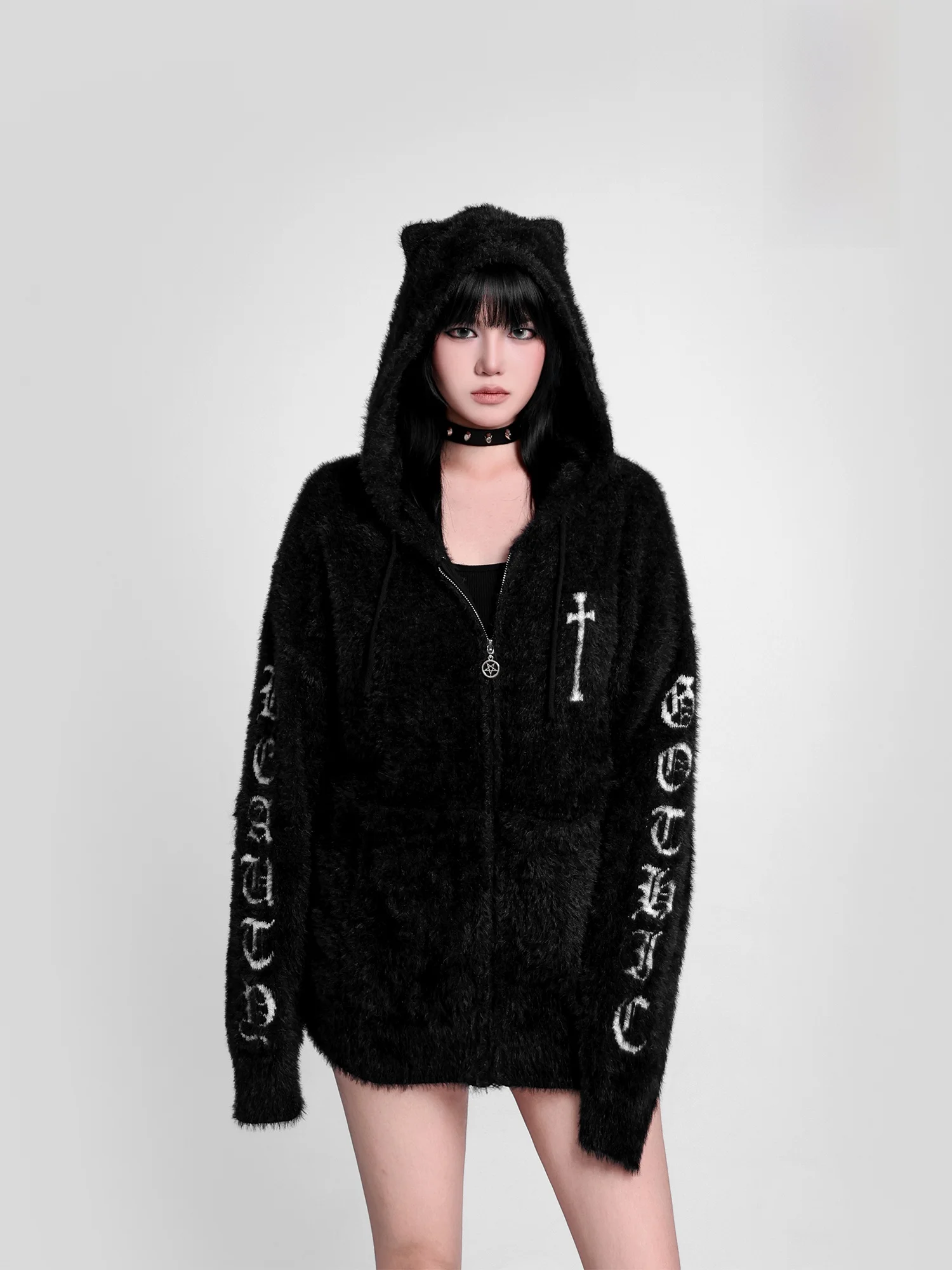 Gothic Dark Style Zipper Sleeve Cross Ear Fake Fur Sweater Cardigan Long Sleeve Hooded Regular Fit Women's Autumn Winter
Gothic Dark Style Zipper Sleeve Cross Ear Fake Fur Sweater Cardigan Long Sleeve Hooded Regular Fit Women's Autumn Winter