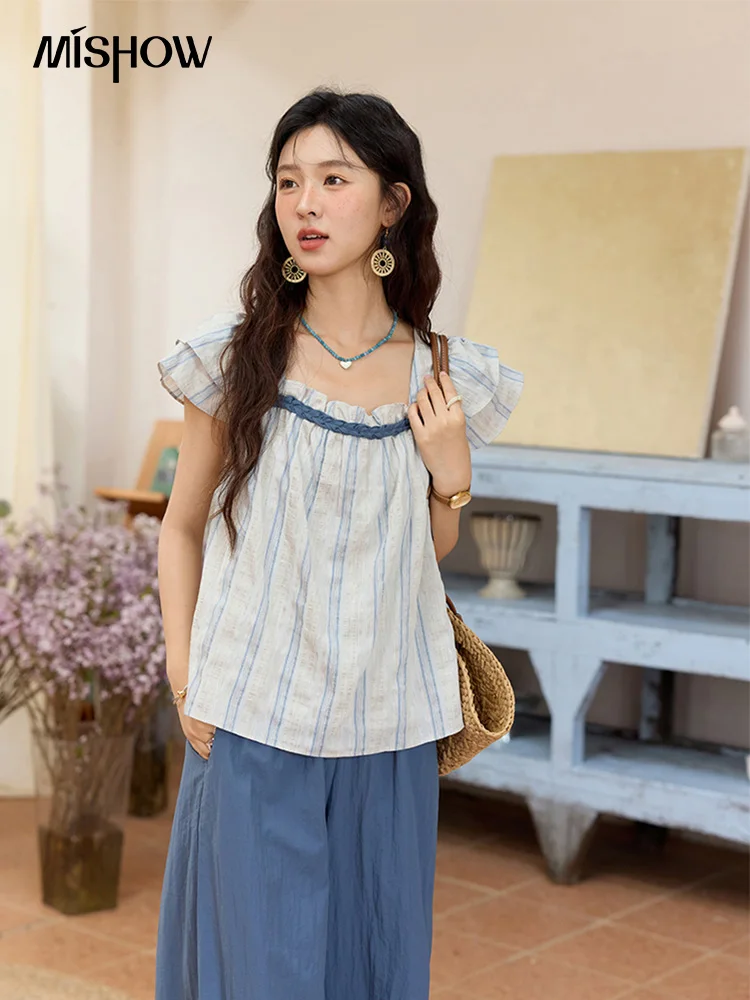 MISHOW Ramie Blue Vertical Stripe Blouse Summer Contrast Color Patchwork Weave Square Neck Top Flying Sleeves Blouses MXE34X1806
MISHOW Ramie Blue Vertical Stripe Blouse Summer Contrast Color Patchwork Weave Square Neck Top Flying Sleeves Blouses MXE34X1806