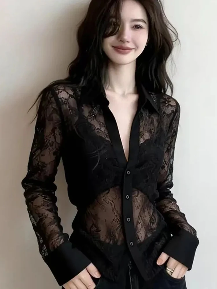 Sexy See Through Lace Shirt Women Slim Long Sleeve Streetwear Retro Blouse Casual Spring Summer Female V Neck Sweet Black Tops
Sexy See Through Lace Shirt Women Slim Long Sleeve Streetwear Retro Blouse Casual Spring Summer Female V Neck Sweet Black Tops