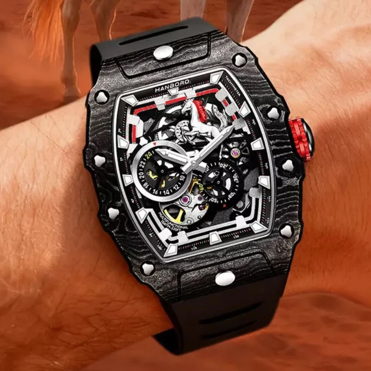 HANBORO Men Automatic Watch Tonneau Mechanical Wristwatch Luminous Skeleton Carbon Fiber Skeleton Horse Year Dial Miyota 82S7
HANBORO Men Automatic Watch Tonneau Mechanical Wristwatch Luminous Skeleton Carbon Fiber Skeleton Horse Year Dial Miyota 82S7
