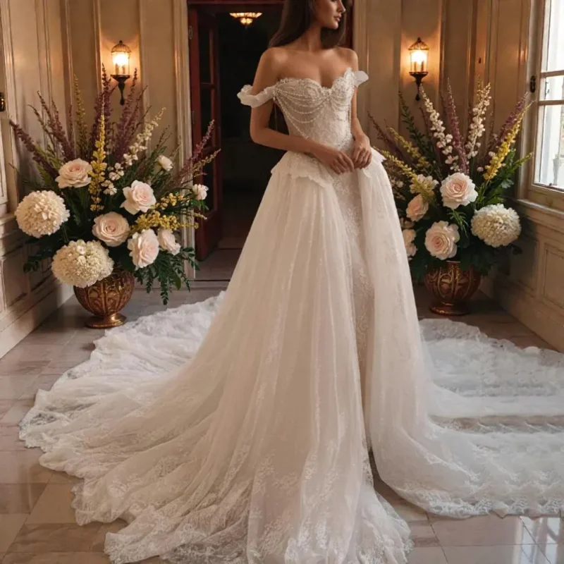 Custom 2026 Luxury Pearl Beaded Lace Mermaid Wedding Dress Elegant Off Shoulder Bridal Gown with Detachable Vestido De Novia
Custom 2026 Luxury Pearl Beaded Lace Mermaid Wedding Dress Elegant Off Shoulder Bridal Gown with Detachable Vestido De Novia
