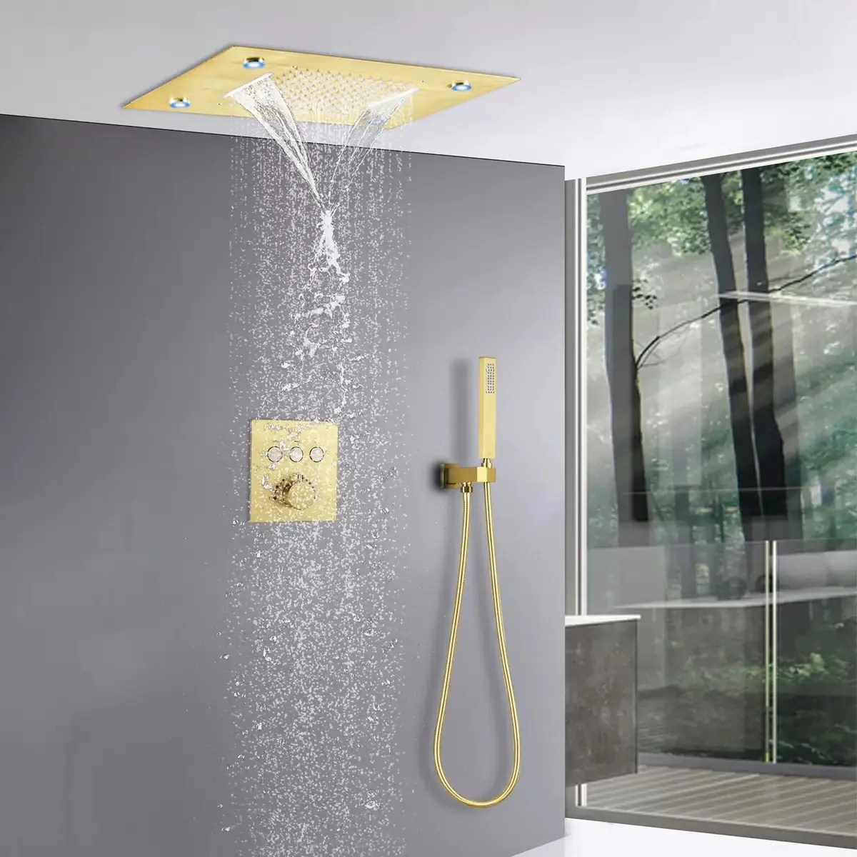 Набор термостатической душевой системы Потолочный душевой набор с многофункциональными светильниками для ванной комнаты из матового золота
Набор термостатической душевой системы Потолочный душевой набор с многофункциональными светильниками для ванной комнаты из матового золота