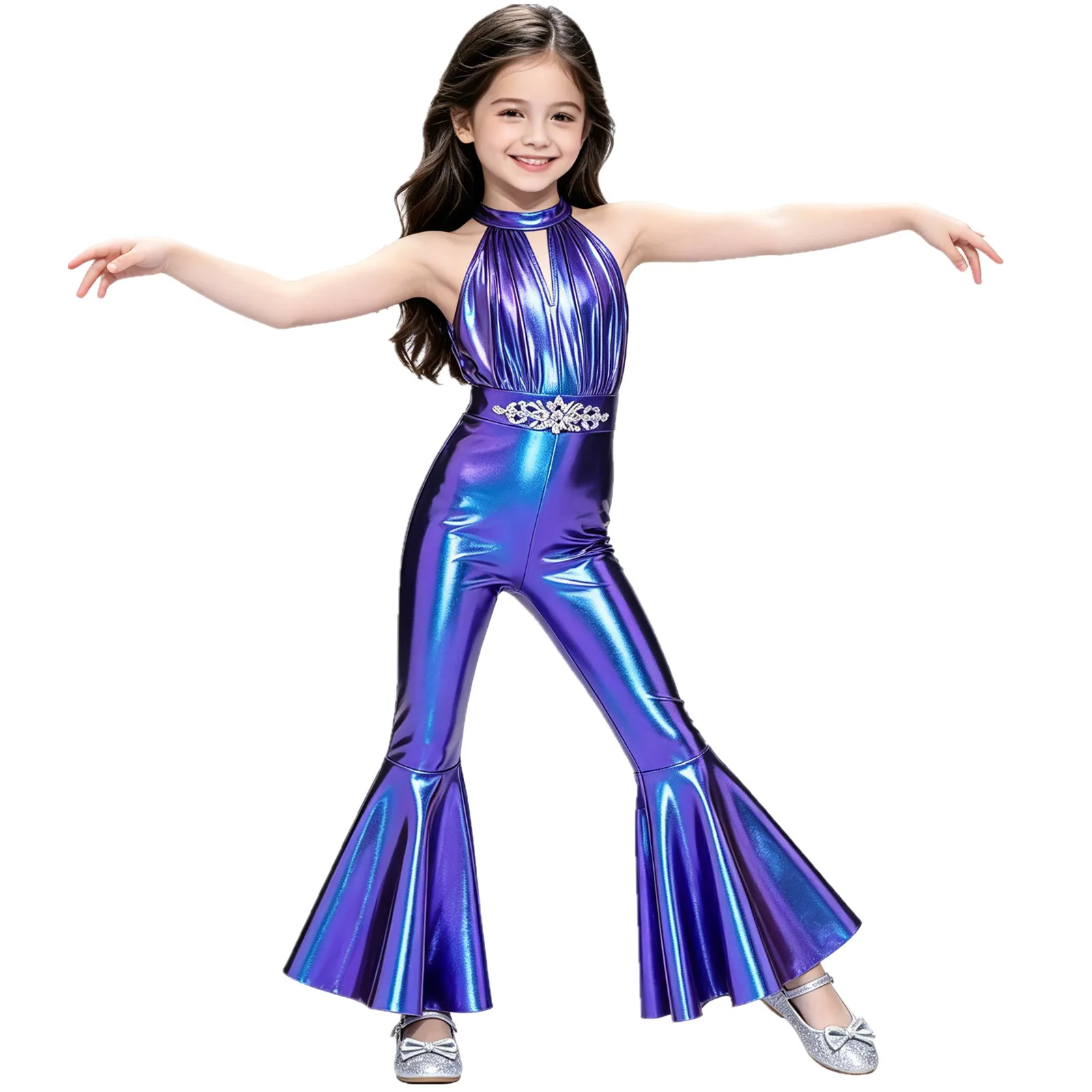 Girls Metallic Shiny 70s Disco Jazz Dance Flared Jumpsuit Sleeveless Rhinestone Bell-Bottoms Bodysuit for Halloween Carnival
Girls Metallic Shiny 70s Disco Jazz Dance Flared Jumpsuit Sleeveless Rhinestone Bell-Bottoms Bodysuit for Halloween Carnival