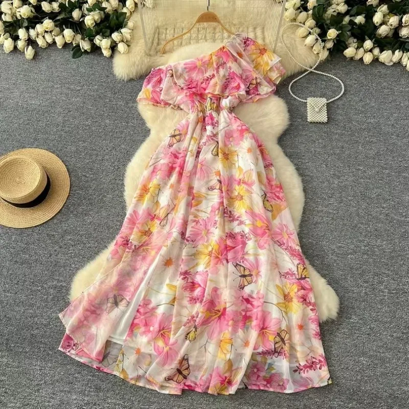 Holiday style printed chiffon dress for women European and American sexy slanted shoulder lotus leaf edge long skirt
Holiday style printed chiffon dress for women European and American sexy slanted shoulder lotus leaf edge long skirt