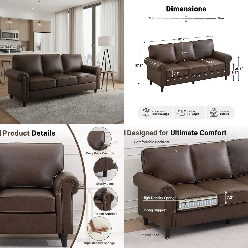 Faux Leather 3 Seater Couch, Mid Century Modern Sofa with Rolled Arms and Deep Seats, Fluffy Comfort for Living Room, Apartment
Faux Leather 3 Seater Couch, Mid Century Modern Sofa with Rolled Arms and Deep Seats, Fluffy Comfort for Living Room, Apartment