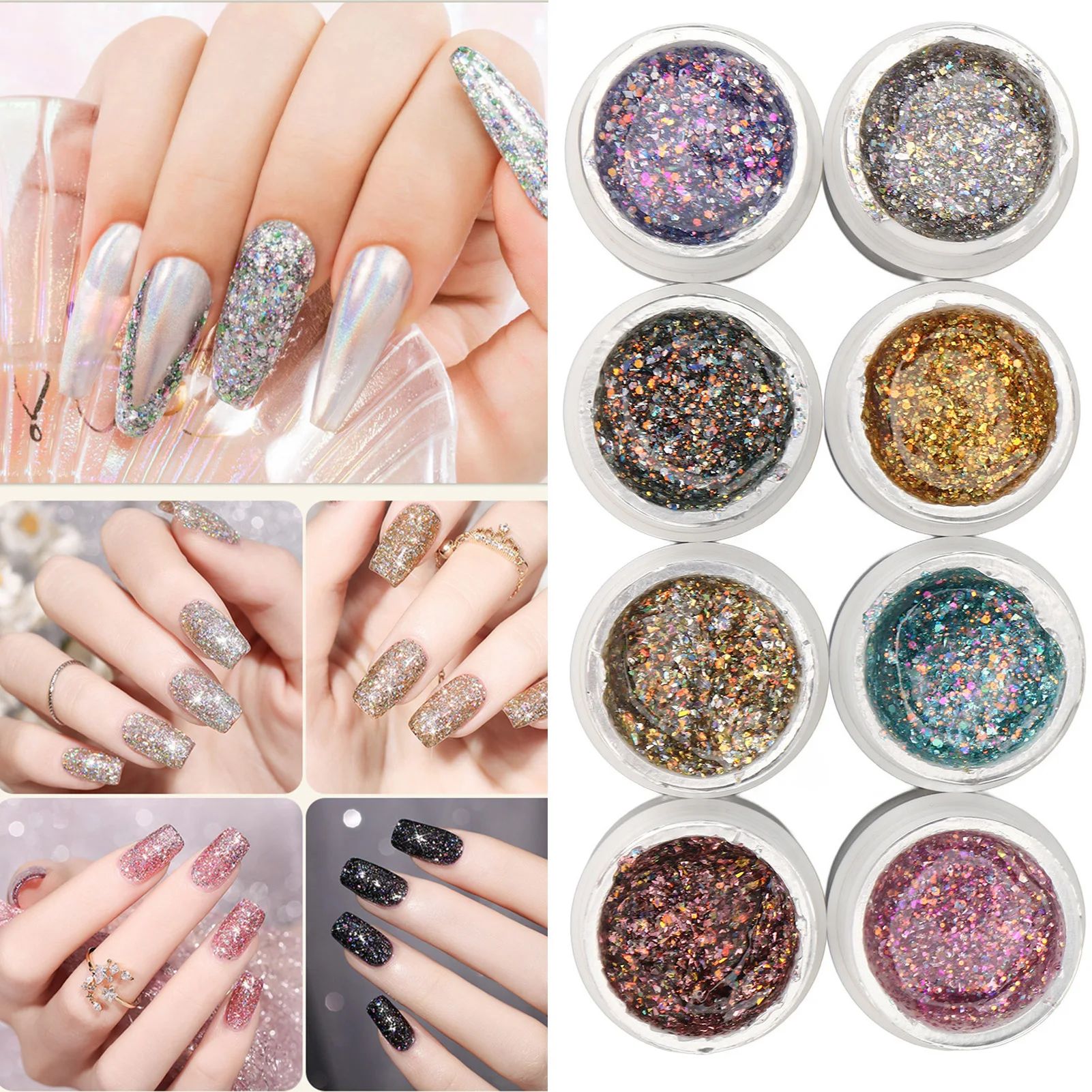Holographic Reflective Glitter Gel 8 Colors Sparkly Shiny Flashing UV LED Nail Polish Set Glitter Nail Gel
Holographic Reflective Glitter Gel 8 Colors Sparkly Shiny Flashing UV LED Nail Polish Set Glitter Nail Gel