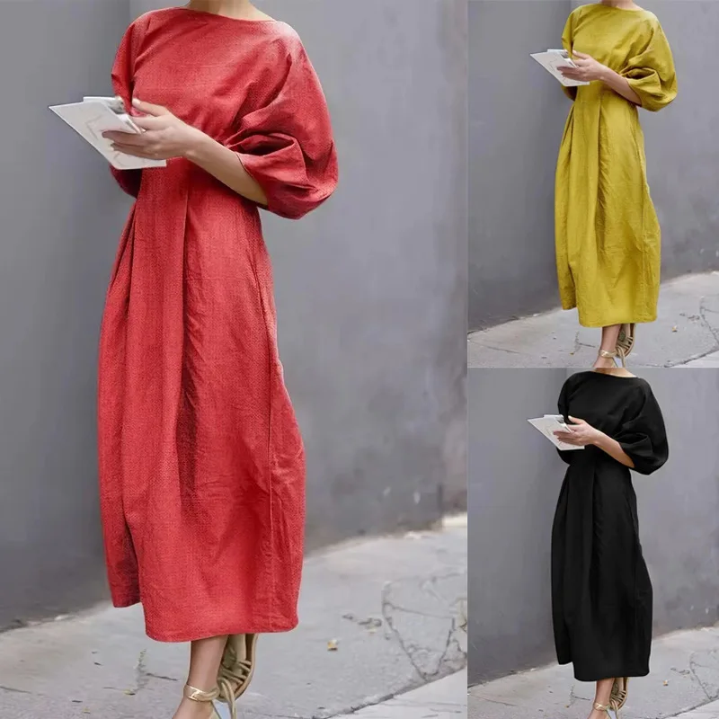 Spring Autumn Loose Fit Casual round Neck Bubble Sleeve Long Dress Women's Elegant High Waist Bamboo Cotton Maxi Dress
Spring Autumn Loose Fit Casual round Neck Bubble Sleeve Long Dress Women's Elegant High Waist Bamboo Cotton Maxi Dress