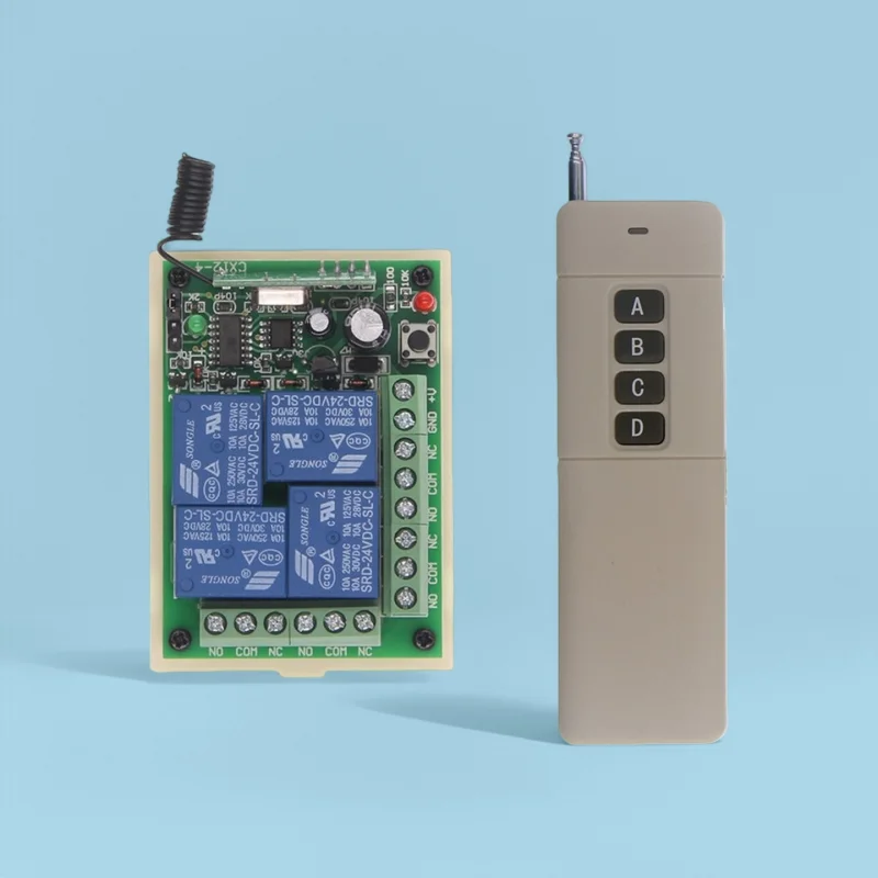RF wireless remote control switch, DC 12V/24V 4-channel receiver, for remotely controlling lights, motors and water pumps
RF wireless remote control switch, DC 12V/24V 4-channel receiver, for remotely controlling lights, motors and water pumps