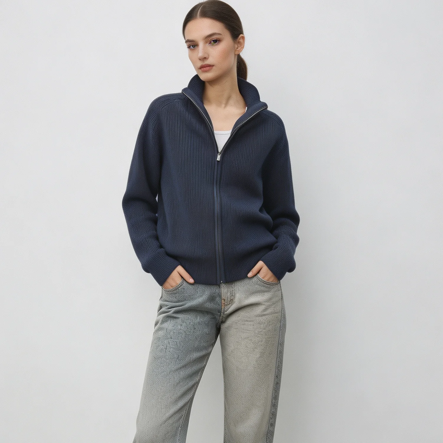 PUAL 2026 New Women Navy Zip Stand Collar Knit Cardigan Soft Casual Long Sleeve Knitted Sweater Daily Outerwear
PUAL 2026 New Women Navy Zip Stand Collar Knit Cardigan Soft Casual Long Sleeve Knitted Sweater Daily Outerwear