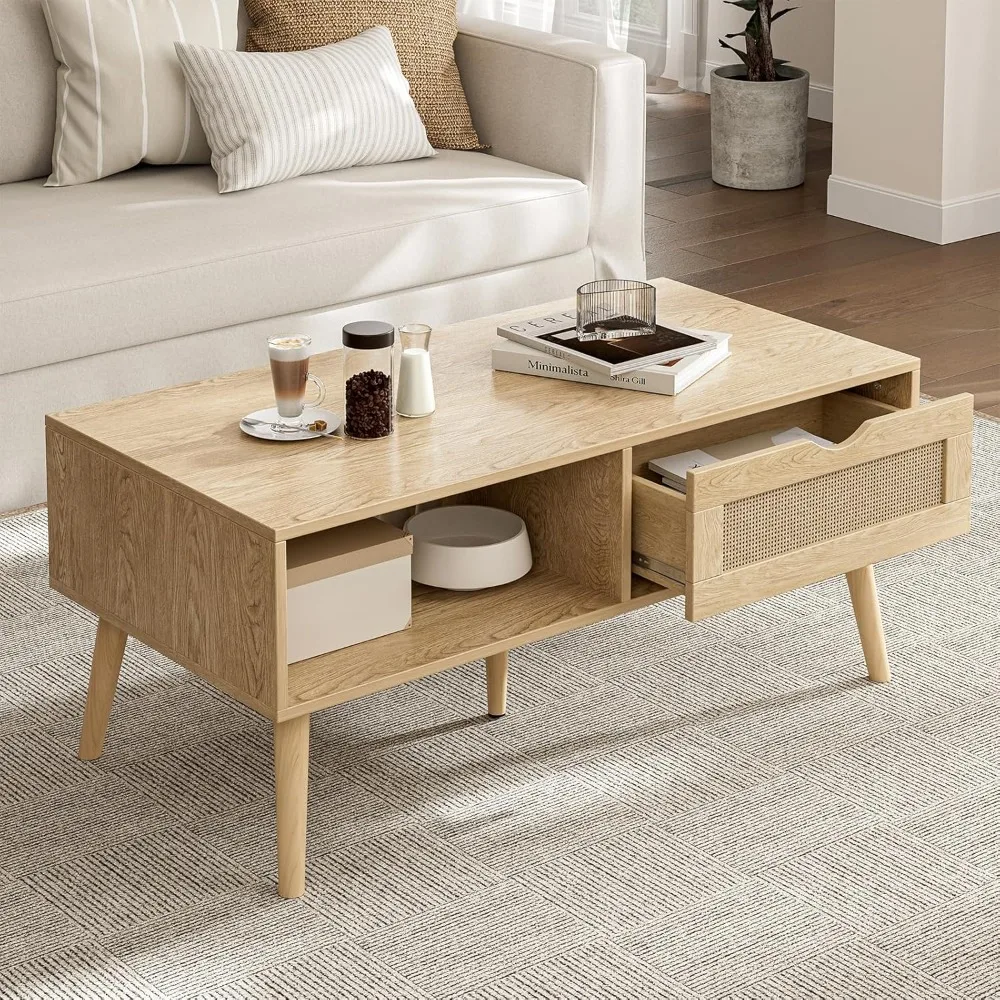 Coffee Table with Storage, Boho Dining Table with Rattan Drawer and Solid Wood Legs, Small Coffee Tables for Living Room, Oak 
Coffee Table with Storage, Boho Dining Table with Rattan Drawer and Solid Wood Legs, Small Coffee Tables for Living Room, Oak