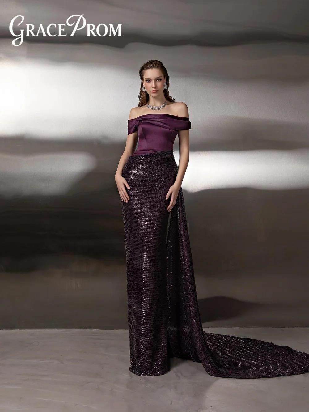 GraceProm Off-Shoulder Purple Satin Sequin Mermaid Evening Dress 2026 With Train Elegant Formal Gown For Women Party
GraceProm Off-Shoulder Purple Satin Sequin Mermaid Evening Dress 2026 With Train Elegant Formal Gown For Women Party