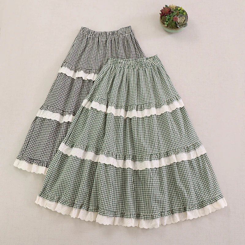 Spring New Japanese Mori Girl Vintage Plaid Lace Patchwork Cake Skirts Women Retro Elastic Waist Casual Loose A-Line Midi Skirts
Spring New Japanese Mori Girl Vintage Plaid Lace Patchwork Cake Skirts Women Retro Elastic Waist Casual Loose A-Line Midi Skirts