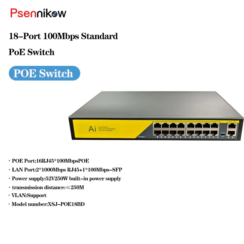 Psennikow POE Gigabit Switch 18 Port 100/1000Mbps Standard POE For IP Camera 250m Lightning Protection with Uplink/SFP
Psennikow POE Gigabit Switch 18 Port 100/1000Mbps Standard POE For IP Camera 250m Lightning Protection with Uplink/SFP