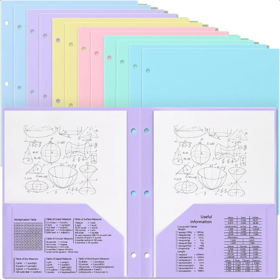12 Pcs Plastic 3 Hole Punch File Folders with 2 Pockets and Conversion Tables Heavy Duty Letter Size School Folders for Student
12 Pcs Plastic 3 Hole Punch File Folders with 2 Pockets and Conversion Tables Heavy Duty Letter Size School Folders for Student