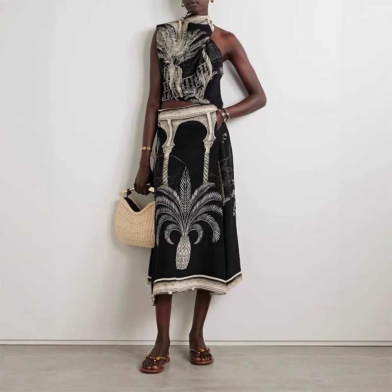 2025 Elegant Satin Vacation Outfit Summer Tropical Plant Print Vintage 2 Piece Set Casual Sleeveless Vest Top & Half Skirts Suit
2025 Elegant Satin Vacation Outfit Summer Tropical Plant Print Vintage 2 Piece Set Casual Sleeveless Vest Top & Half Skirts Suit