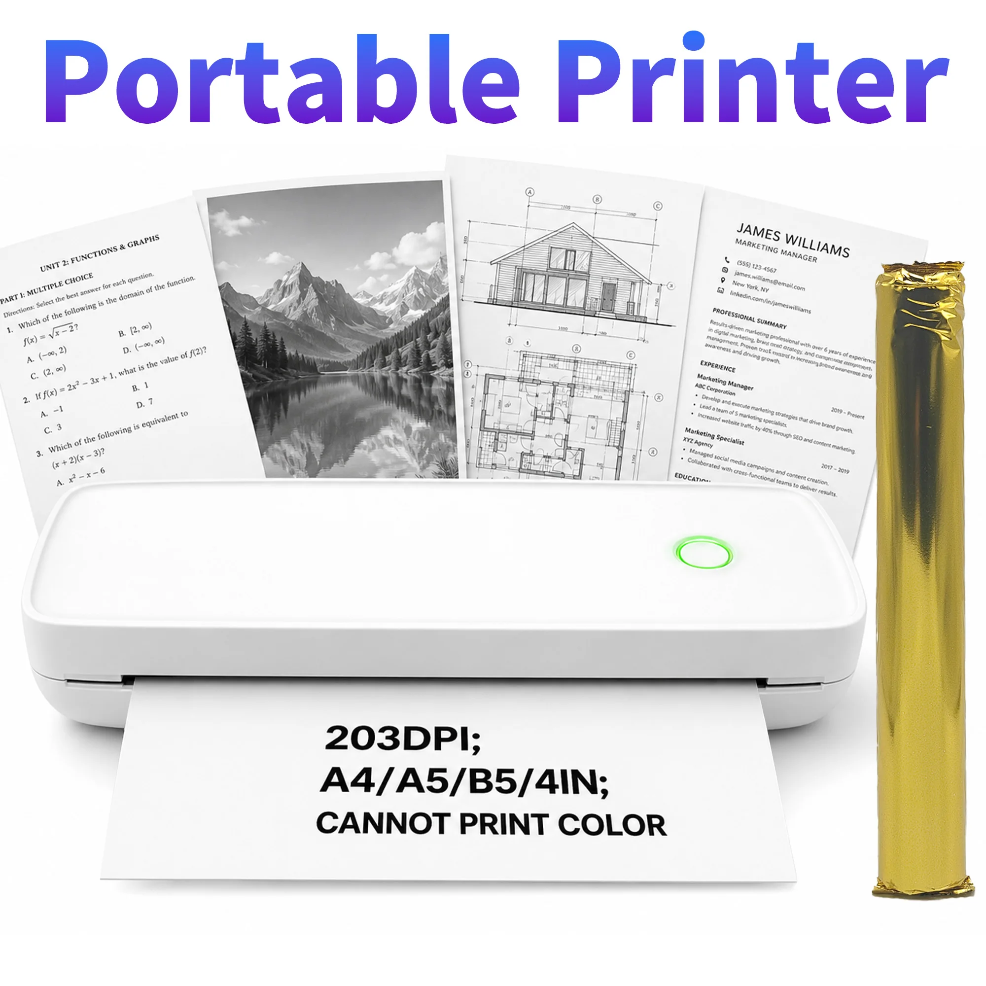 Portable A4 Thermal Printer Wireless Printer 203 dpi HD Printing Support Android iOS Phone Laptop for Travel Office School