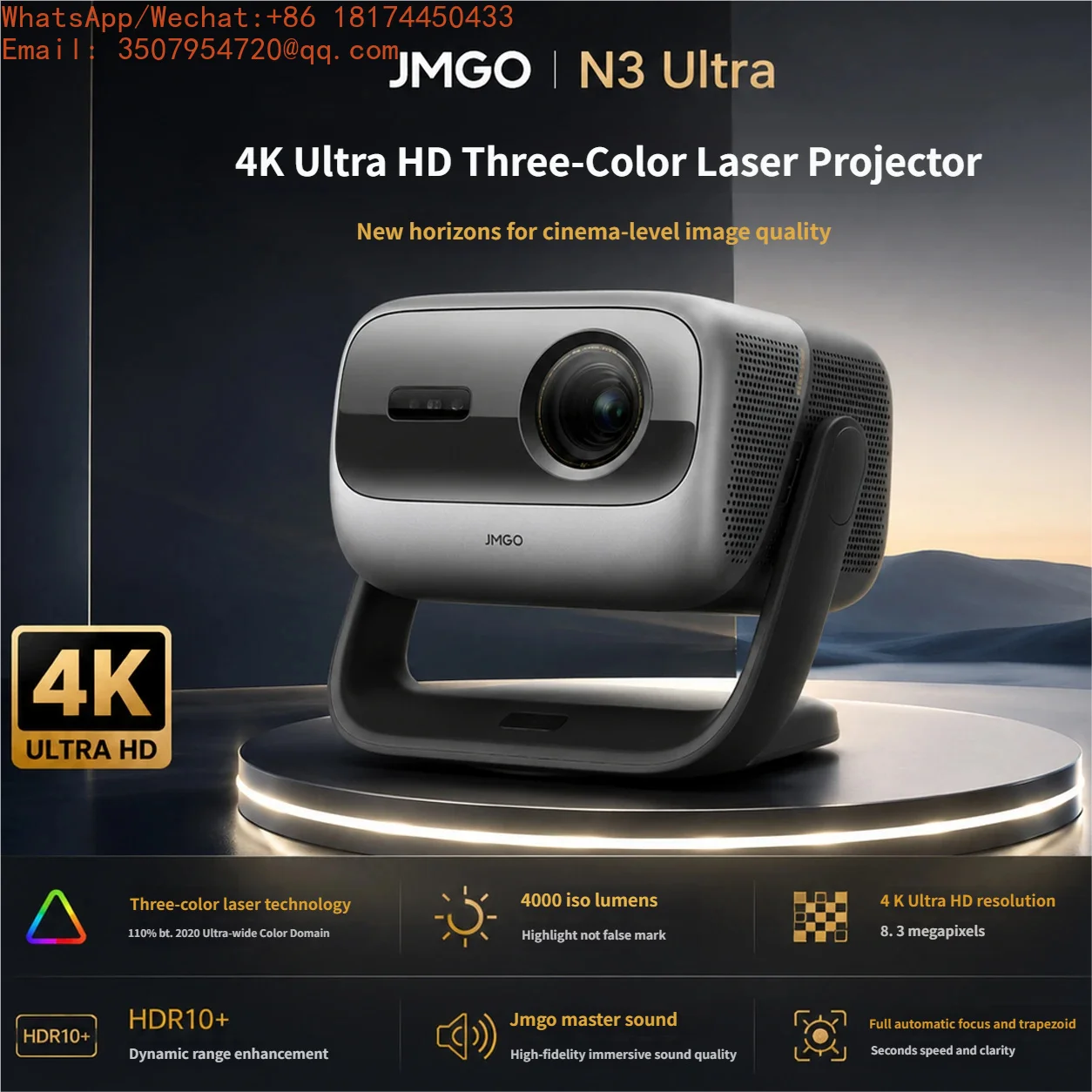 JMGO N3 Ultra 4K Triple Laser Projector 4000 CVIA Lumens 0.88-1.2 Zoom Dolby Vision HDR10 Gimbal Smart Home Cinema
JMGO N3 Ultra 4K Triple Laser Projector 4000 CVIA Lumens 0.88-1.2 Zoom Dolby Vision HDR10 Gimbal Smart Home Cinema