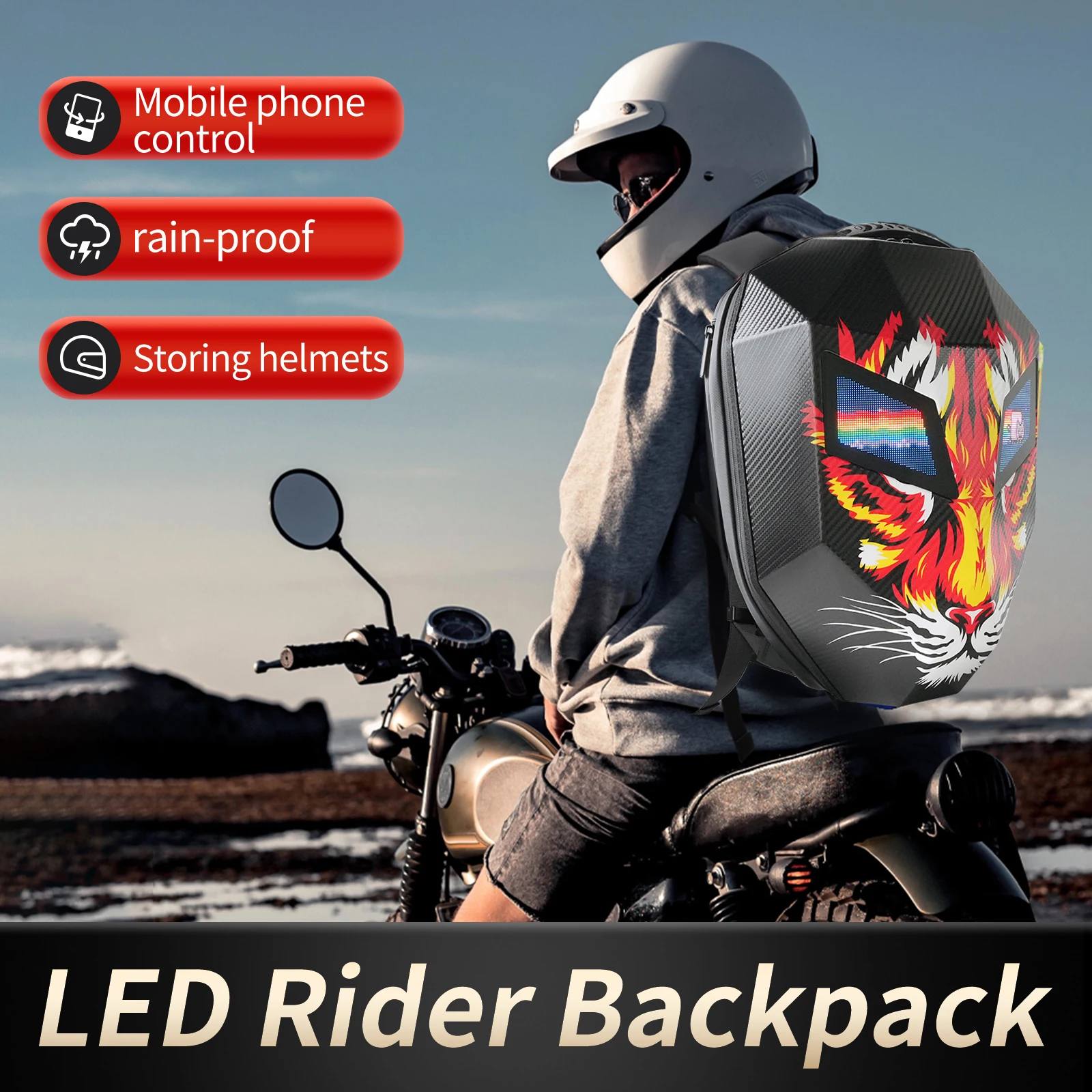 Мотоциклетная спортивная сумка для шлема с экраном, сотовый телефон, управление Bluetooth, светодиодный узор, крутой мужской и женский аксессуар для хранения езды на верходе 
Мотоциклетная спортивная сумка для шлема с экраном, сотовый телефон, управление Bluetooth, светодиодный узор, крутой мужской и женский аксессуар для хранения езды на верходе