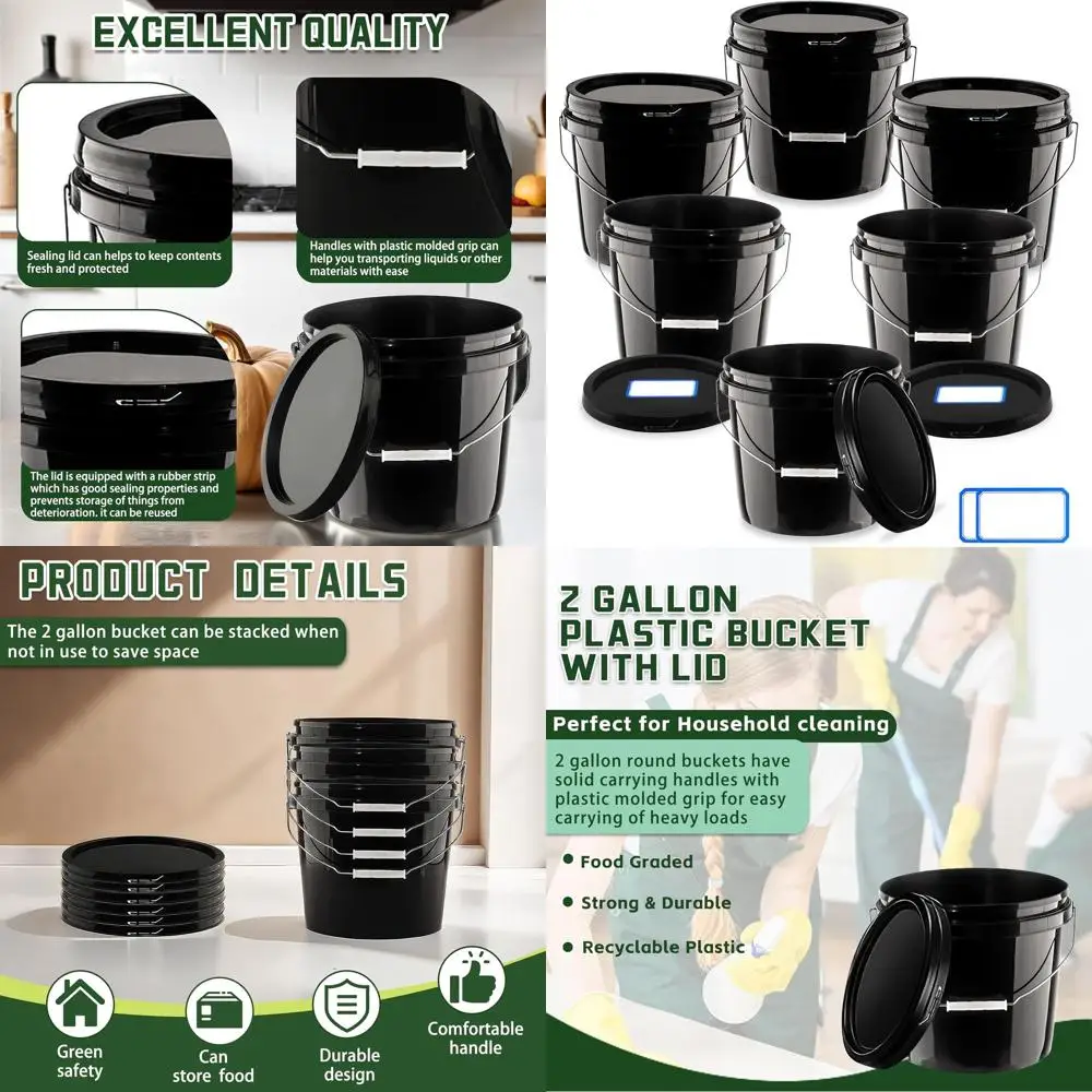 Набор из 6 черных пластиковых ведер объемом 2 галлона с крышками и ручками для хранения, покраски, засолки и ферментации напитков
Набор из 6 черных пластиковых ведер объемом 2 галлона с крышками и ручками для хранения, покраски, засолки и ферментации напитков