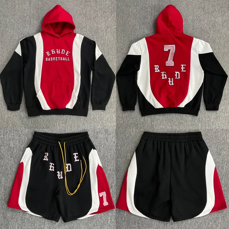 Модный спортивный костюм Rhude: повседневные шорты, высококачественная толстовка с принтом и цветными блоками из плотной ткани
Модный спортивный костюм Rhude: повседневные шорты, высококачественная толстовка с принтом и цветными блоками из плотной ткани